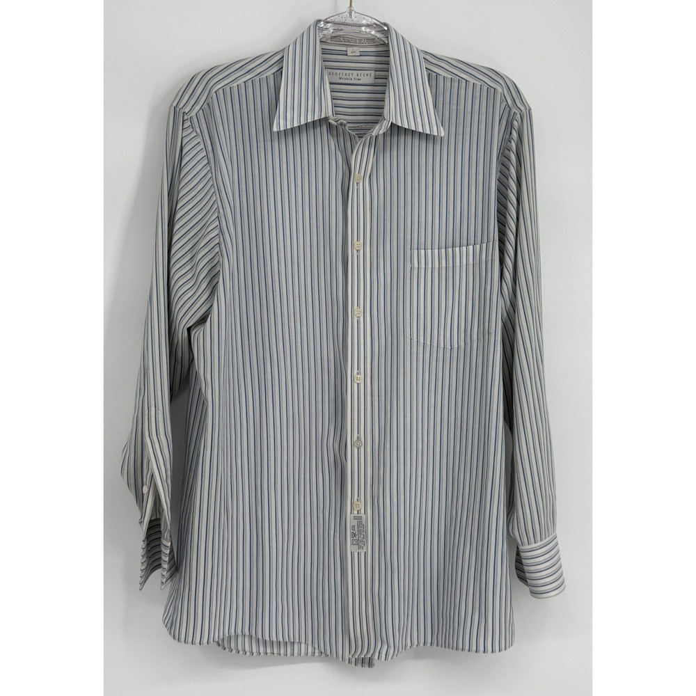 Geoffrey Beene Mens Wrinkle Free Striped Button Down Shirt Blue Grey Sz 16 32/33